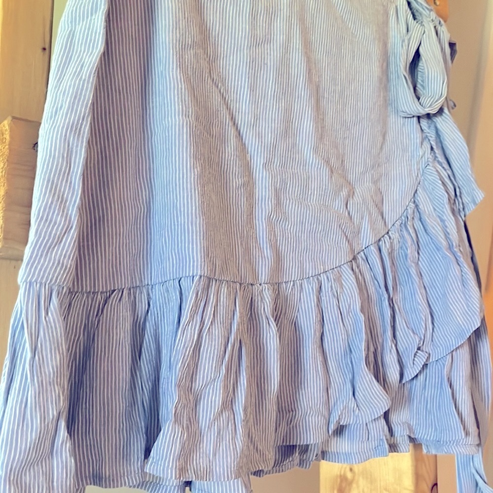 Cottagecore coastal Blue and white stripe wrap skirt ruffle and bow details SzL